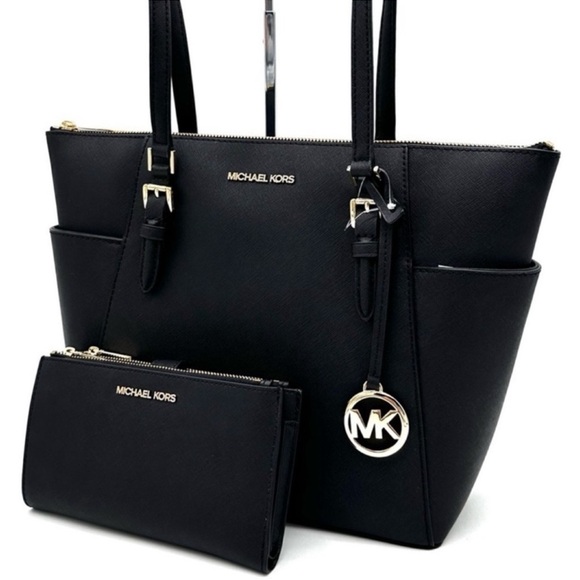 Michael Kors Large Charlotte Tote Bag & Large Double Zip Wallet Black - Picture 1 of 14